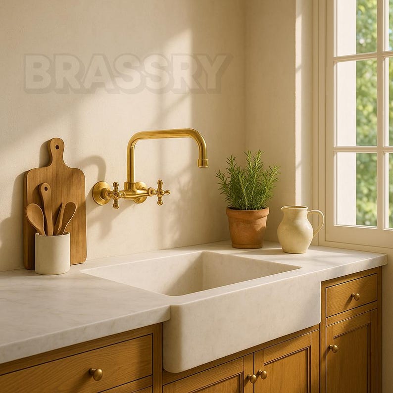 Handcrafted Unlacquered Brass Kitchen Faucet – Vintage Swan-Neck Design with Cross Handles, Luxury Solid Brass Sink Tap
