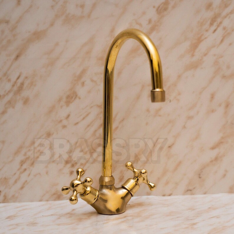 Handcrafted Unlacquered Brass Kitchen Faucet – Vintage Swan-Neck Design with Cross Handles, Luxury Solid Brass Sink Tap

