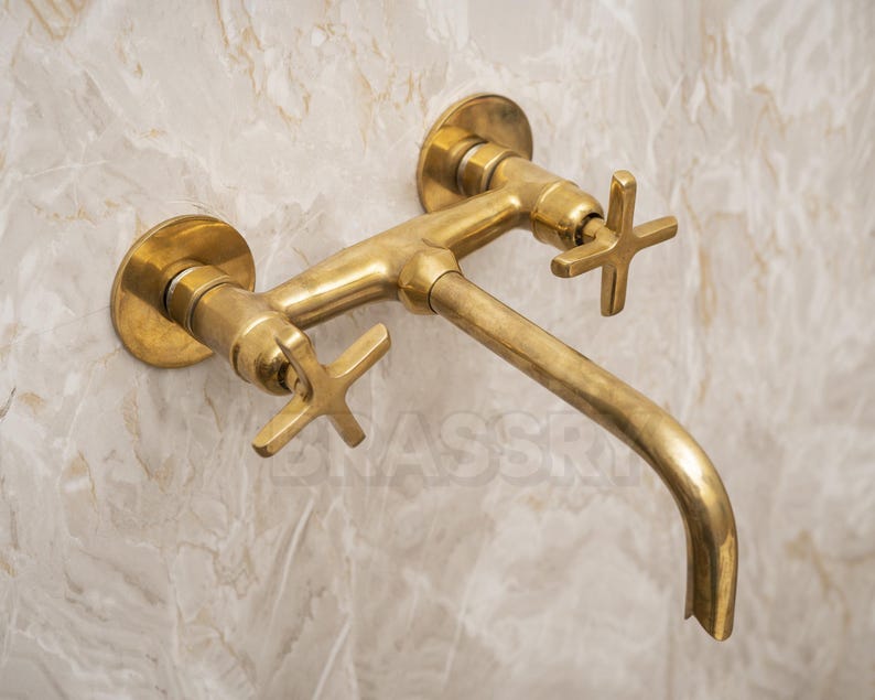 Handcrafted Unlacquered Brass Kitchen Faucet – Vintage Swan-Neck Design with Cross Handles, Luxury Solid Brass Sink Tap