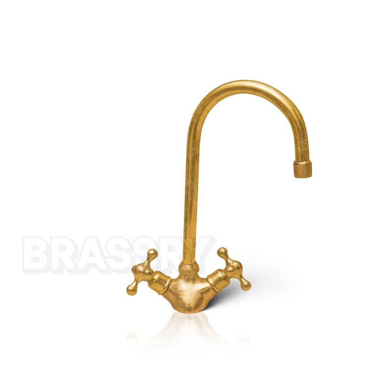 Handcrafted Unlacquered Brass Kitchen Faucet – Vintage Swan-Neck Design with Cross Handles, Luxury Solid Brass Sink Tap
