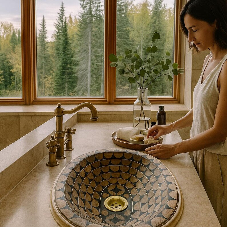 Handcrafted brass and bone inlay bathroom basin for boho decor