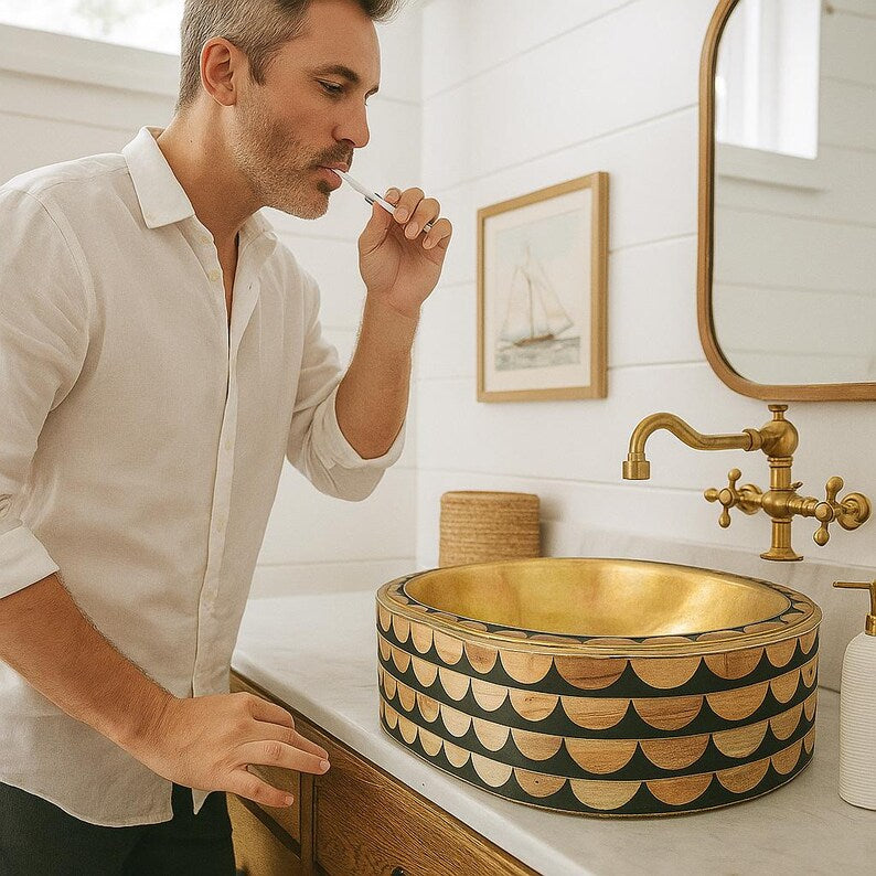 Handcrafted oval brass vessel sink with bone and resin inlay – luxury countertop bathroom basin

