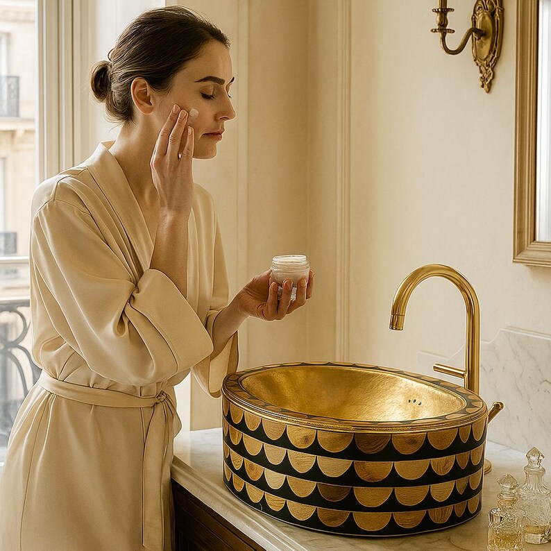 Handcrafted oval brass vessel sink with bone and resin inlay – luxury countertop bathroom basin

