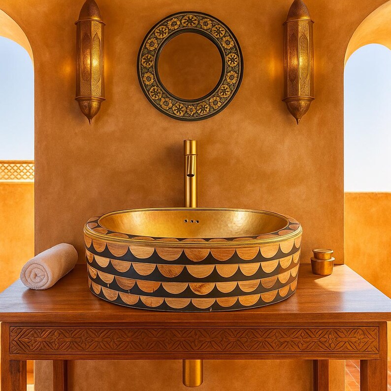 Handcrafted oval brass vessel sink with bone and resin inlay – luxury countertop bathroom basin

