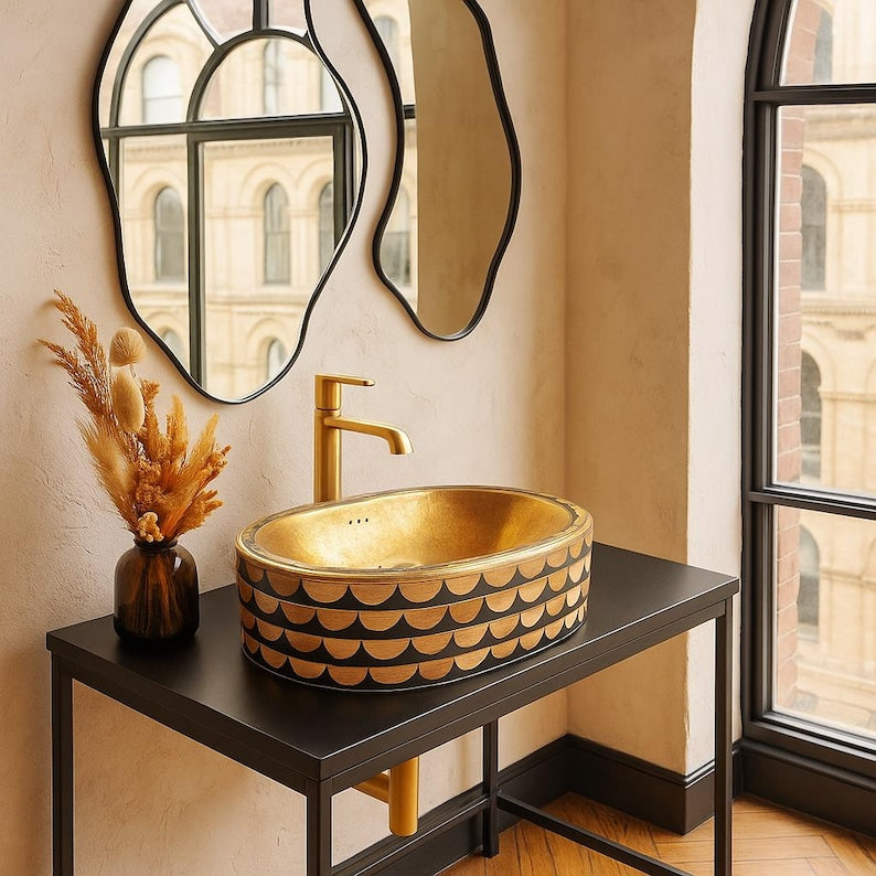 Handcrafted oval brass vessel sink with bone and resin inlay – luxury countertop bathroom basin

