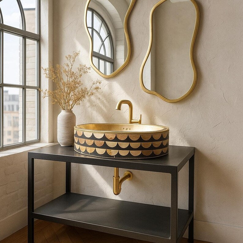 Handcrafted oval brass vessel sink with bone and resin inlay – luxury countertop bathroom basin

