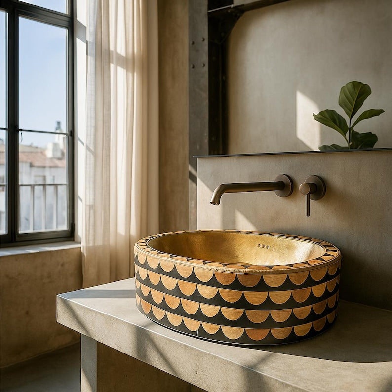 Handcrafted oval brass vessel sink with bone and resin inlay – luxury countertop bathroom basin

