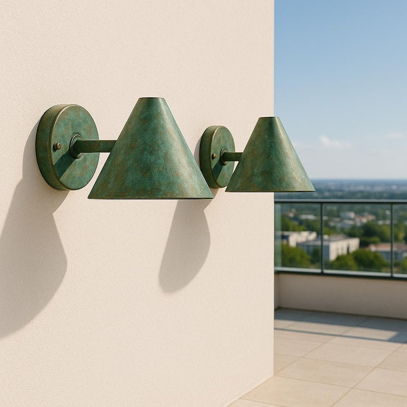 Handmade Copper Verdigris Patina Wall Sconce | Aged Copper Brass Cone Light | Mid Century Modern | Indoor Outdoor Lighting Fixture
