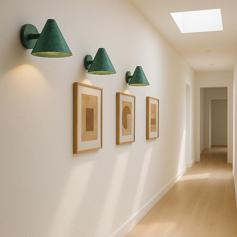 Handmade Copper Verdigris Patina Wall Sconce | Aged Copper Brass Cone Light | Mid Century Modern | Indoor Outdoor Lighting Fixture
