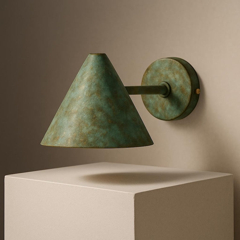 Handmade Copper Verdigris Patina Wall Sconce | Aged Copper Brass Cone Light | Mid Century Modern | Indoor Outdoor Lighting Fixture
