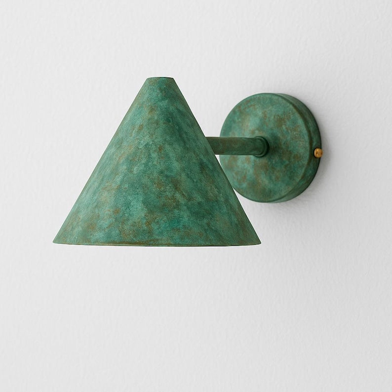 Handmade Copper Verdigris Patina Wall Sconce | Aged Copper Brass Cone Light | Mid Century Modern | Indoor Outdoor Lighting Fixture
