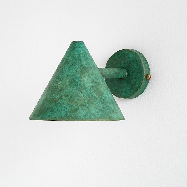 Handmade Copper Verdigris Patina Wall Sconce | Aged Copper Brass Cone Light | Mid Century Modern | Indoor Outdoor Lighting Fixture
