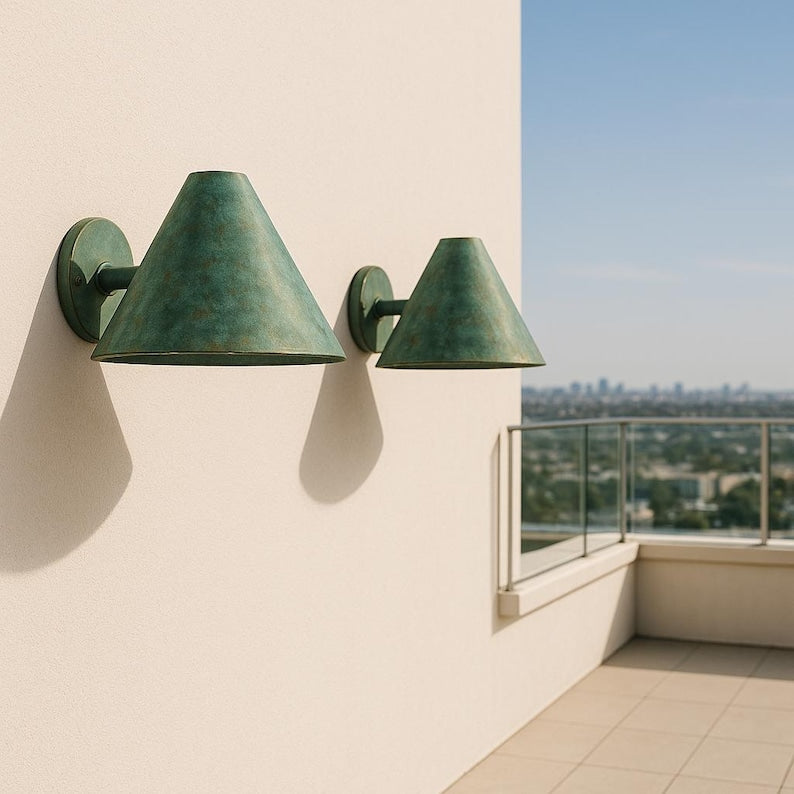 Handmade Copper Verdigris Patina Wall Sconce | Aged Copper Brass Cone Light | Mid Century Modern | Indoor Outdoor Lighting Fixture
