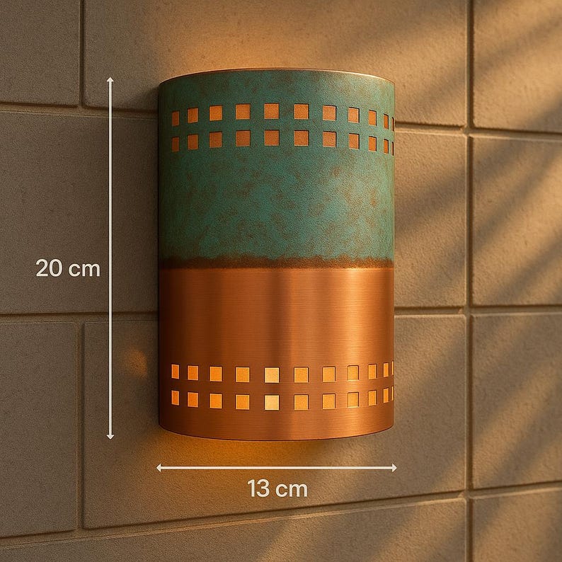 Handmade Copper Verdigris Patina Wall Sconce – Rustic Green and Polished Copper Light – Indoor Outdoor Artisan Cutout Wall Fixture
