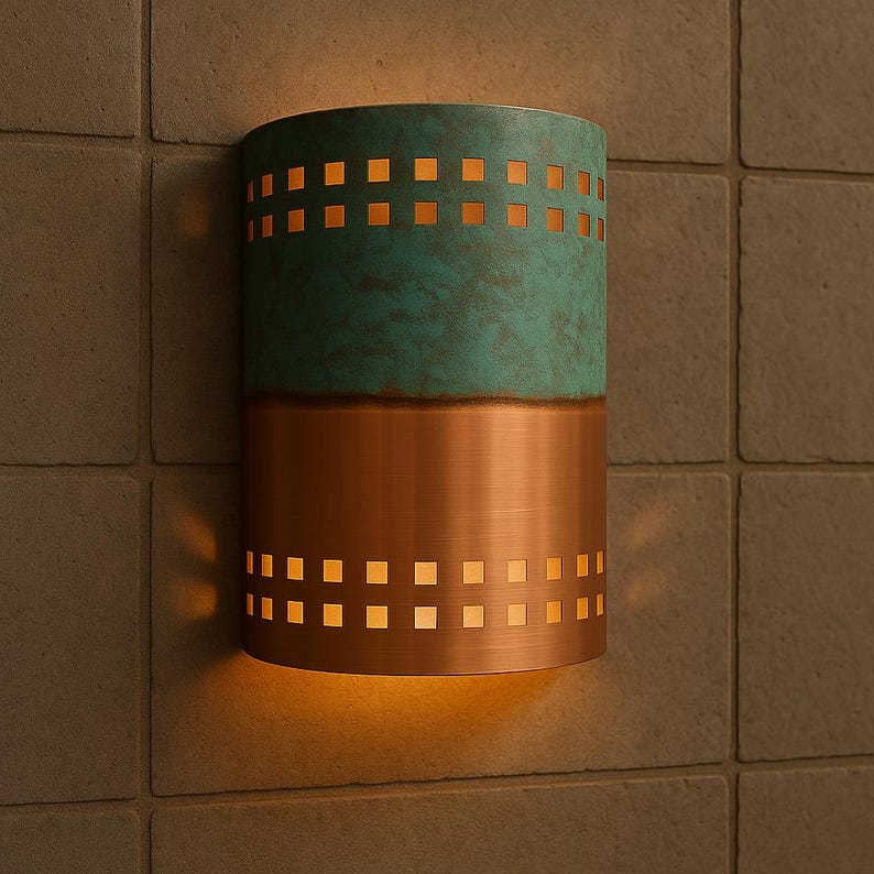 Handmade Copper Verdigris Patina Wall Sconce – Rustic Green and Polished Copper Light – Indoor Outdoor Artisan Cutout Wall Fixture
