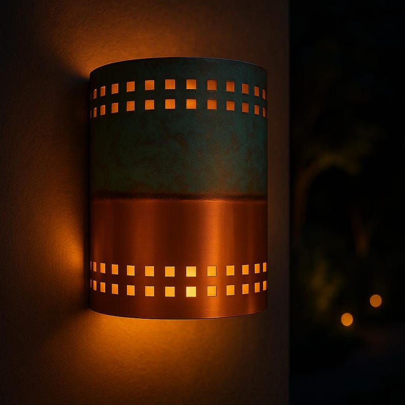 Handmade Copper Verdigris Patina Wall Sconce – Rustic Green and Polished Copper Light – Indoor Outdoor Artisan Cutout Wall Fixture

