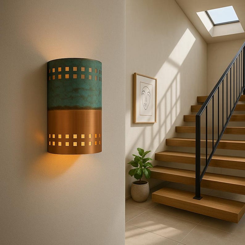 Handmade Copper Verdigris Patina Wall Sconce – Rustic Green and Polished Copper Light – Indoor Outdoor Artisan Cutout Wall Fixture
