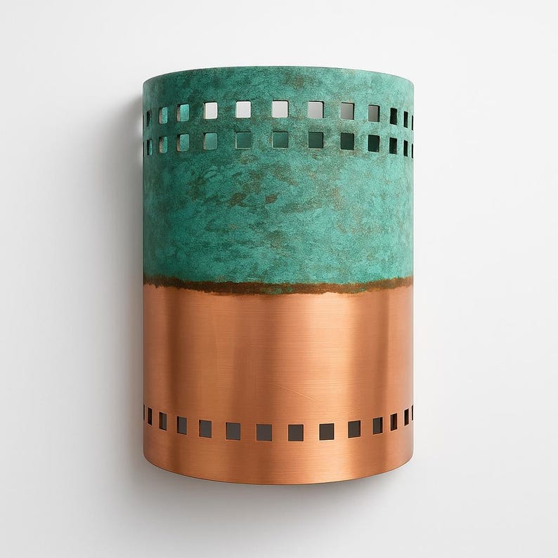 Handmade Copper Verdigris Patina Wall Sconce – Rustic Green and Polished Copper Light – Indoor Outdoor Artisan Cutout Wall Fixture
