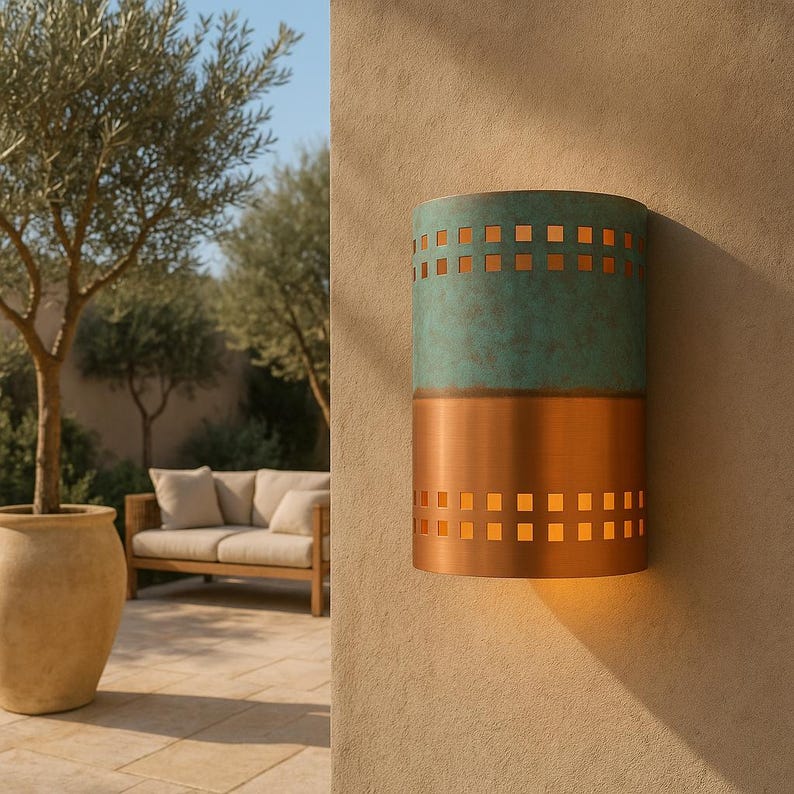 Handmade Copper Verdigris Patina Wall Sconce – Rustic Green and Polished Copper Light – Indoor Outdoor Artisan Cutout Wall Fixture
