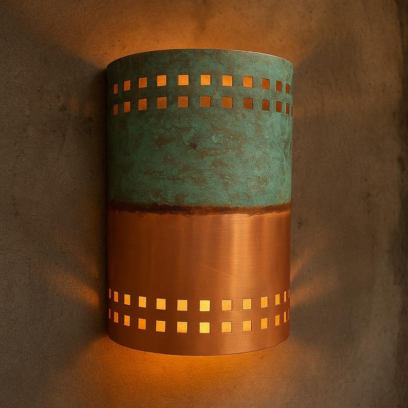 Handmade Copper Verdigris Patina Wall Sconce – Rustic Green and Polished Copper Light – Indoor Outdoor Artisan Cutout Wall Fixture
