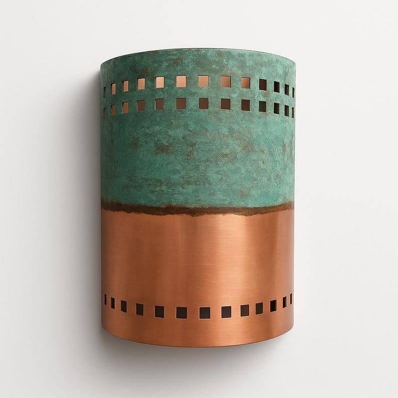 Handmade Copper Verdigris Patina Wall Sconce – Rustic Green and Polished Copper Light – Indoor Outdoor Artisan Cutout Wall Fixture
