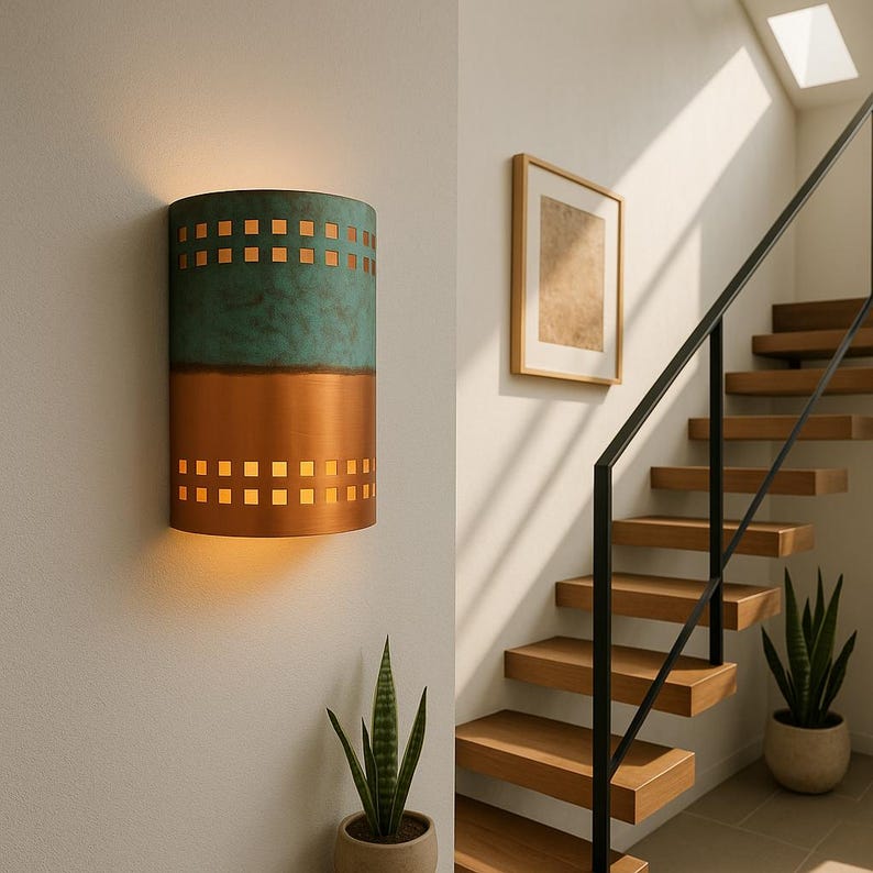 Handmade Copper Verdigris Patina Wall Sconce – Rustic Green and Polished Copper Light – Indoor Outdoor Artisan Cutout Wall Fixture
