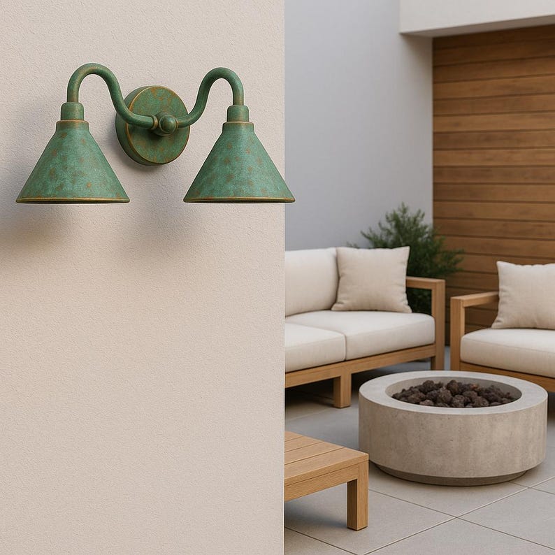 Handmade Double Verdigris Patina Copper Wall Sconce, Rustic Aged Green Outdoor Light – Artisan Twin Cone Shade Fixture for Porch or Bathroom
