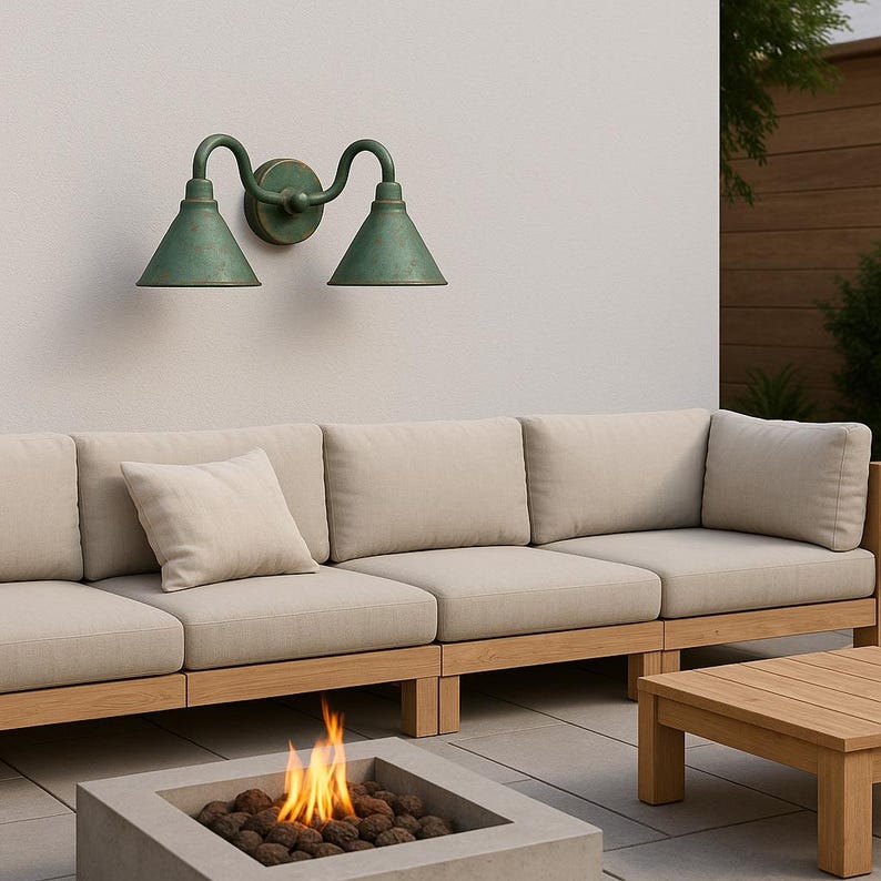 Handmade Double Verdigris Patina Copper Wall Sconce, Rustic Aged Green Outdoor Light – Artisan Twin Cone Shade Fixture for Porch or Bathroom
