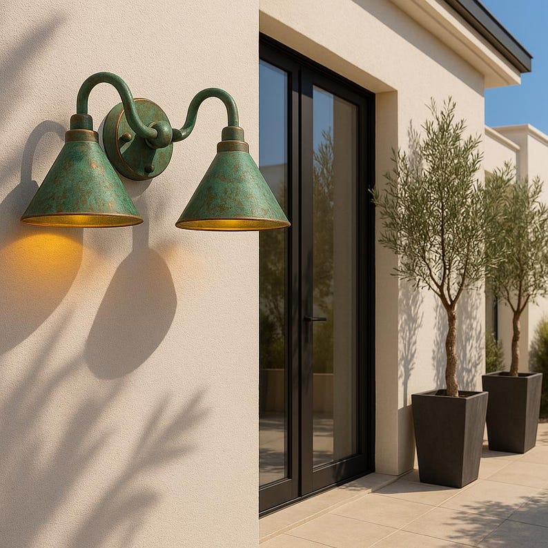 Handmade Double Verdigris Patina Copper Wall Sconce, Rustic Aged Green Outdoor Light – Artisan Twin Cone Shade Fixture for Porch or Bathroom
