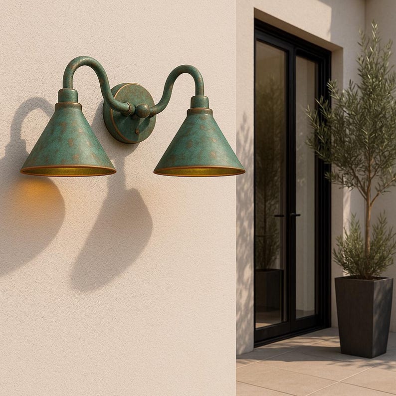Handmade Double Verdigris Patina Copper Wall Sconce, Rustic Aged Green Outdoor Light – Artisan Twin Cone Shade Fixture for Porch or Bathroom
