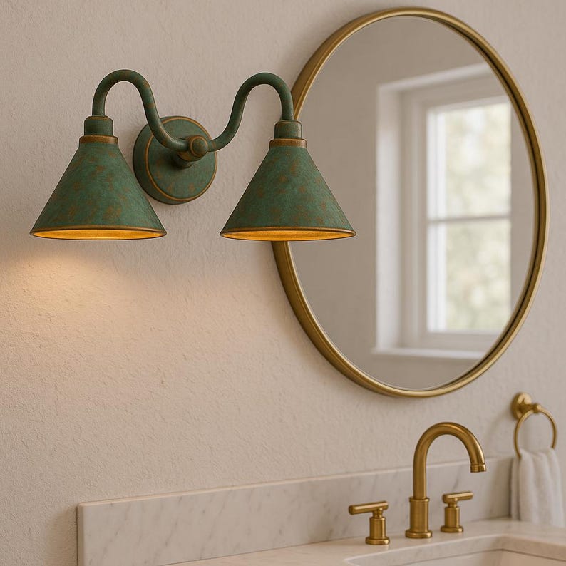 Handmade Double Verdigris Patina Copper Wall Sconce, Rustic Aged Green Outdoor Light – Artisan Twin Cone Shade Fixture for Porch or Bathroom
