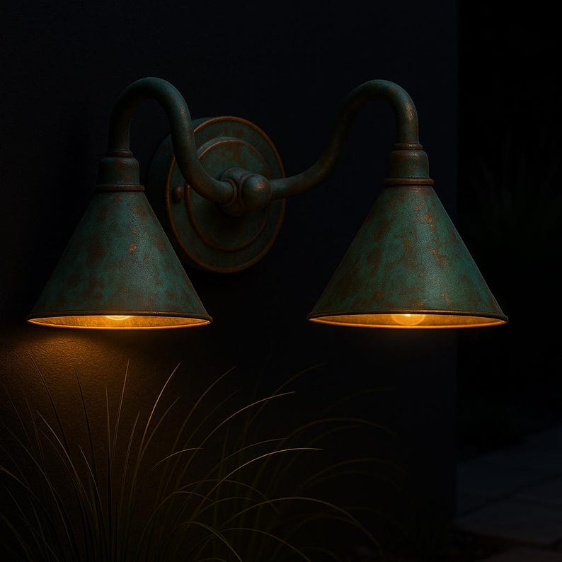 Handmade Double Verdigris Patina Copper Wall Sconce, Rustic Aged Green Outdoor Light – Artisan Twin Cone Shade Fixture for Porch or Bathroom
