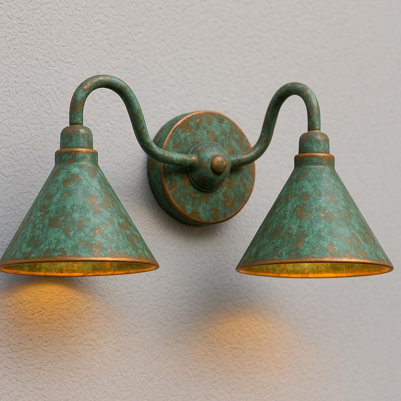 Handmade Double Verdigris Patina Copper Wall Sconce, Rustic Aged Green Outdoor Light – Artisan Twin Cone Shade Fixture for Porch or Bathroom
