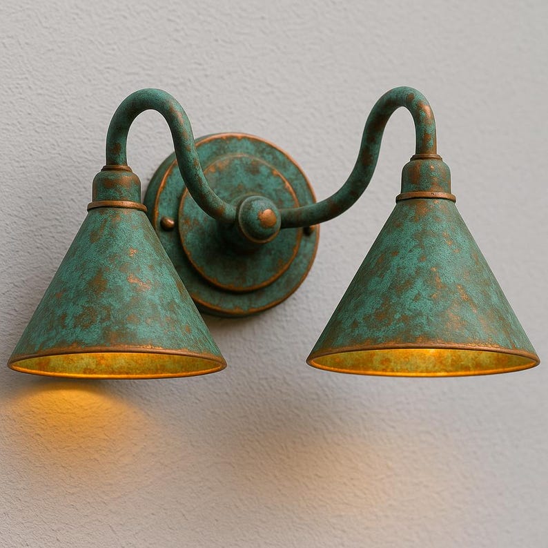 Handmade Double Verdigris Patina Copper Wall Sconce, Rustic Aged Green Outdoor Light – Artisan Twin Cone Shade Fixture for Porch or Bathroom
