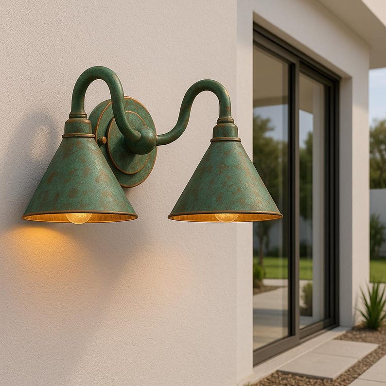 Handmade Double Verdigris Patina Copper Wall Sconce, Rustic Aged Green Outdoor Light – Artisan Twin Cone Shade Fixture for Porch or Bathroom
