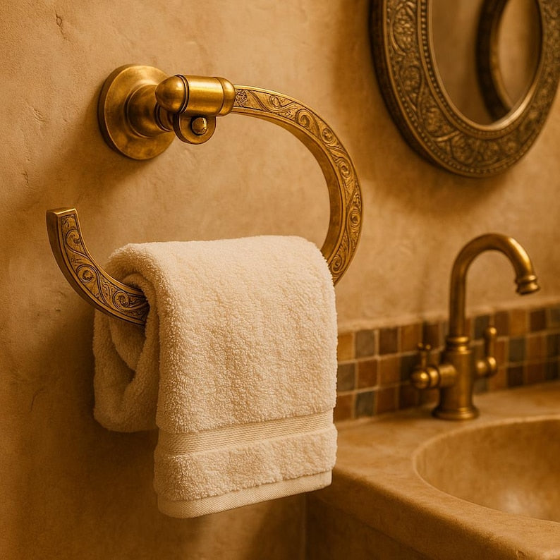Handmade Moroccan Brass Towel Holder Ring – Vintage-Style Wall-Mounted Bathroom Accessory with Intricate Floral Engraving
