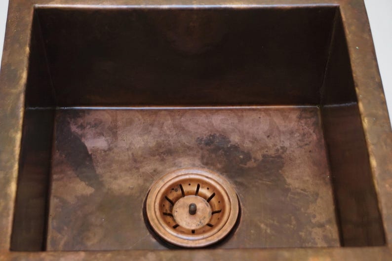 Handmade Moroccan Copper Kitchen Sink – Rectangular Undermount Bar Prep Sink with Aged Finish & Dual Handle Gooseneck Faucet
