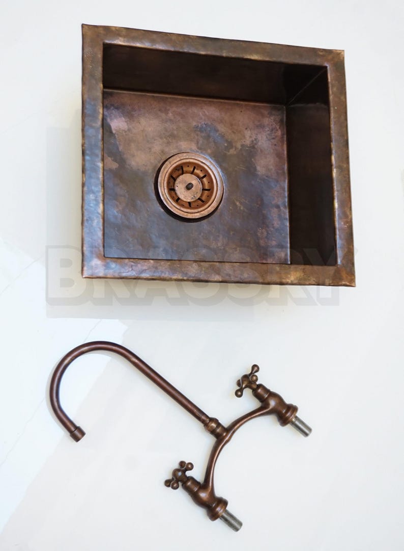 Handmade Moroccan Copper Kitchen Sink – Rectangular Undermount Bar Prep Sink with Aged Finish & Dual Handle Gooseneck Faucet
