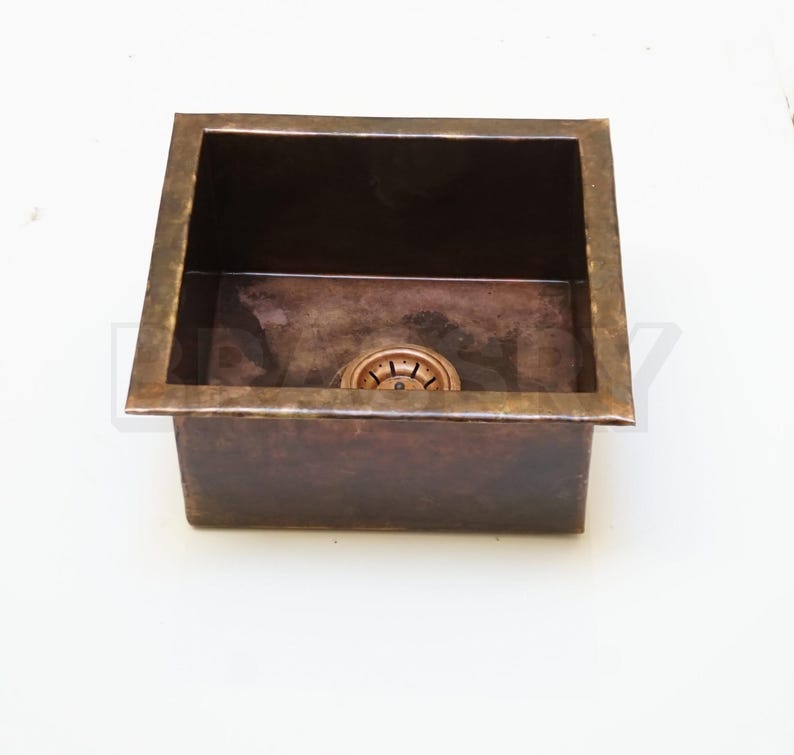 Handmade Moroccan Copper Kitchen Sink – Rectangular Undermount Bar Prep Sink with Aged Finish & Dual Handle Gooseneck Faucet
