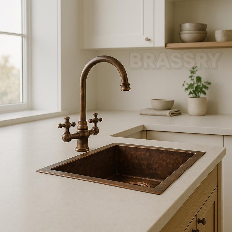 Handmade Moroccan Copper Kitchen Sink – Rectangular Undermount Bar Prep Sink with Aged Finish & Dual Handle Gooseneck Faucet
