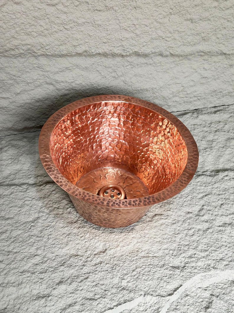 Handmade Moroccan Copper Sink – Round Hammered Bathroom or Bar Sink Basin with Rolled Rim in Pure Polished Copper Finish, Copper Wash Basin
