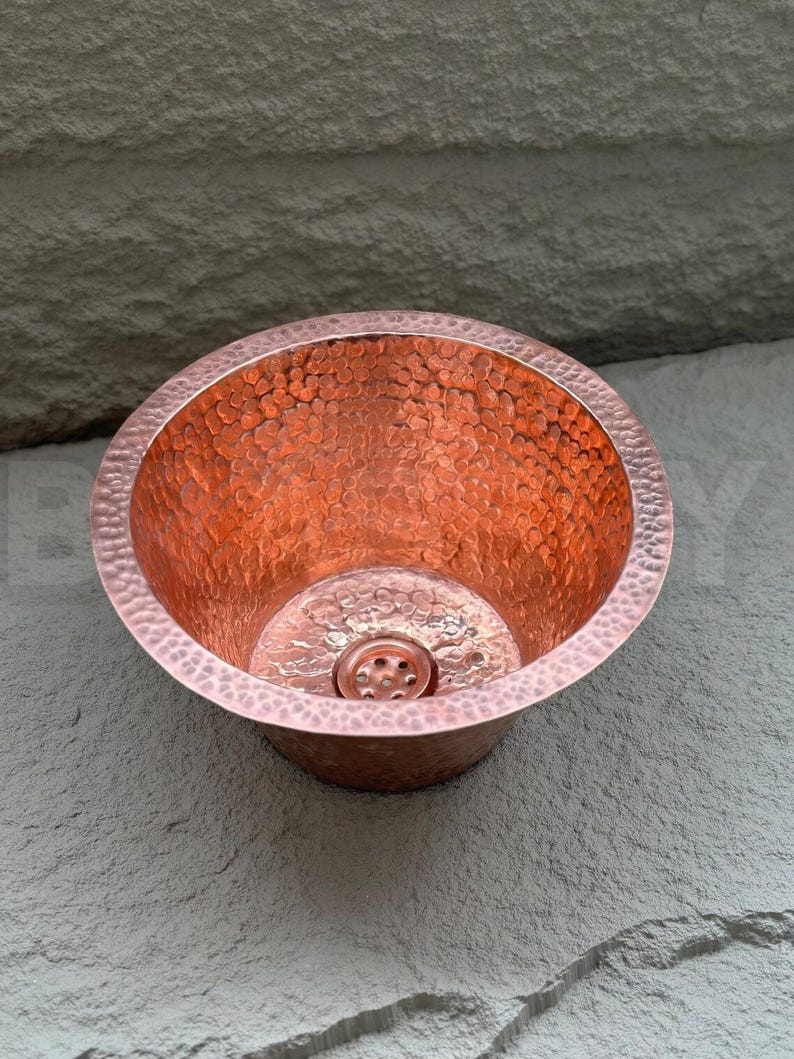 Handmade Moroccan Copper Sink – Round Hammered Bathroom or Bar Sink Basin with Rolled Rim in Pure Polished Copper Finish, Copper Wash Basin
