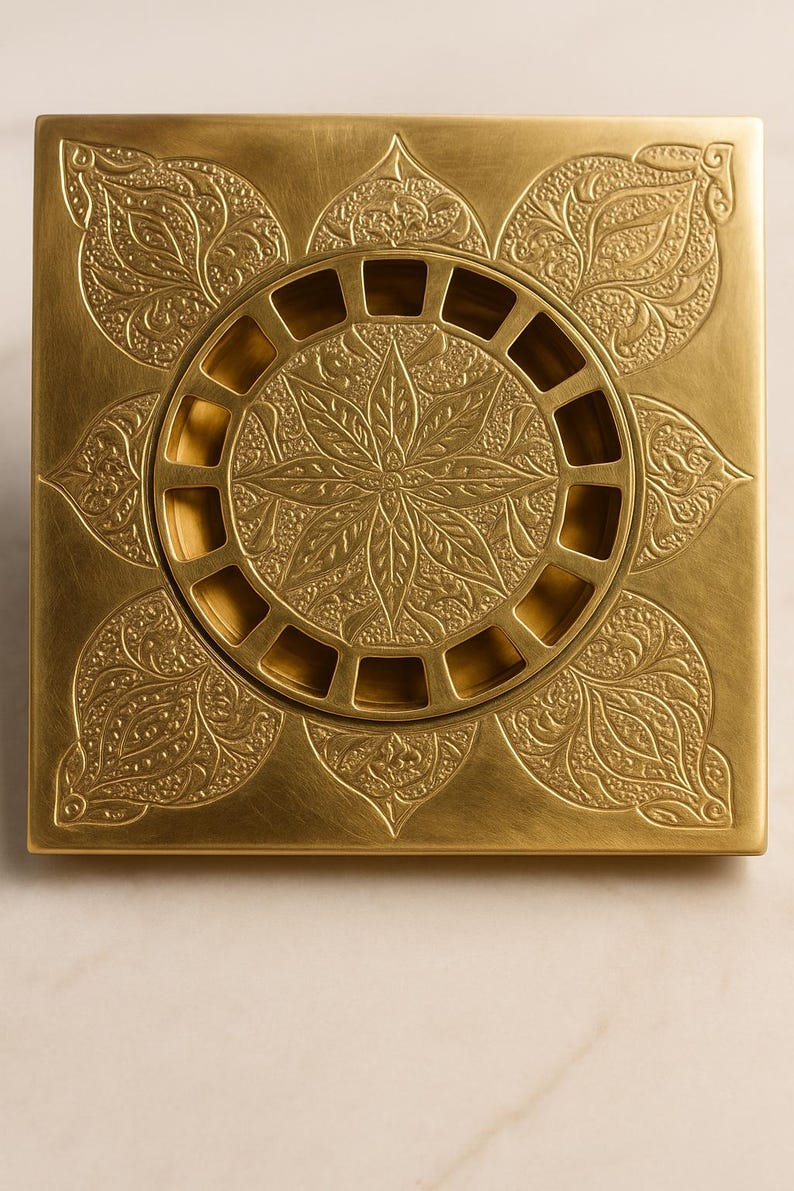 Handmade Moroccan Engraved Brass Shower Drain – Copper Finish Floor Drain Cover, Solid Brass Square Drain for Bathroom Square Antique Style
