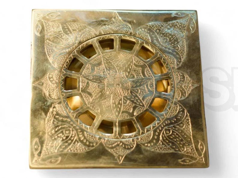 Handmade Moroccan Engraved Brass Shower Drain – Copper Finish Floor Drain Cover, Solid Brass Square Drain for Bathroom Square Antique Style
