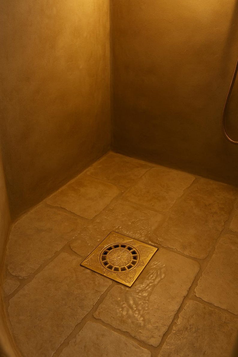 Handmade Moroccan Engraved Brass Shower Drain – Copper Finish Floor Drain Cover, Solid Brass Square Drain for Bathroom Square Antique Style

