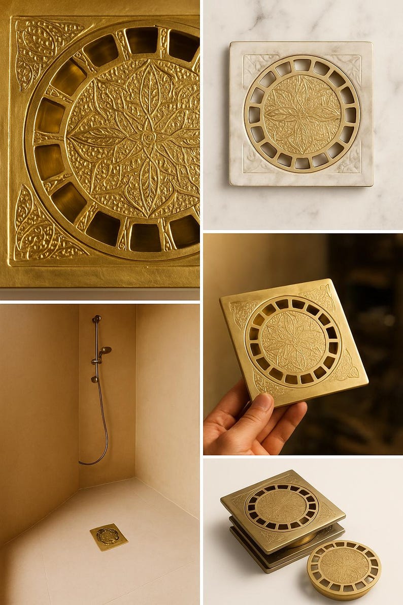 Handmade Moroccan Engraved Brass Shower Drain – Copper Finish Floor Drain Cover, Solid Brass Square Drain for Bathroom Square Antique Style
