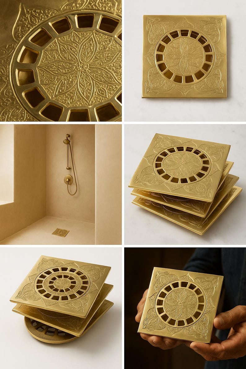 Handmade Moroccan Engraved Brass Shower Drain – Copper Finish Floor Drain Cover, Solid Brass Square Drain for Bathroom Square Antique Style
