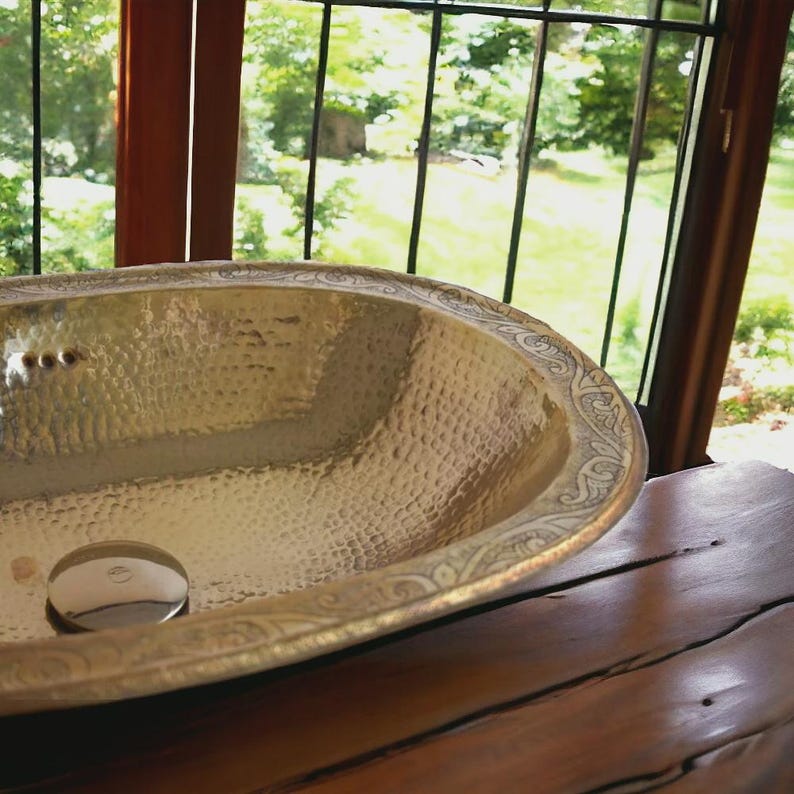 Handmade Moroccan Oval Brass Sink with Faucet – Hammered Farmhouse Bathroom Sink Set – Antique Style Vanity Basin for Outdoor or Indoor Use
