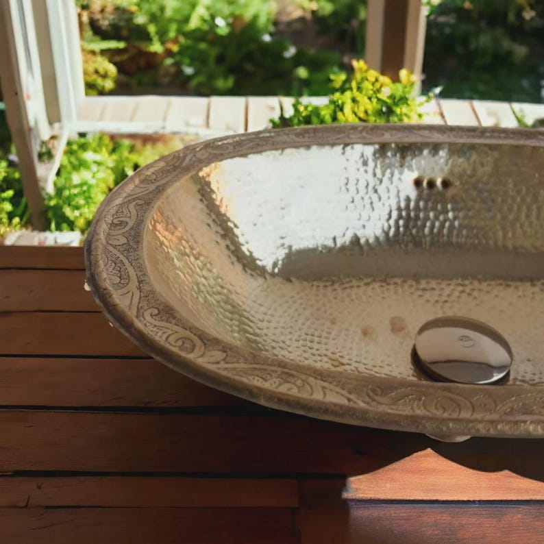 Handmade Moroccan Oval Brass Sink with Faucet – Hammered Farmhouse Bathroom Sink Set – Antique Style Vanity Basin for Outdoor or Indoor Use
