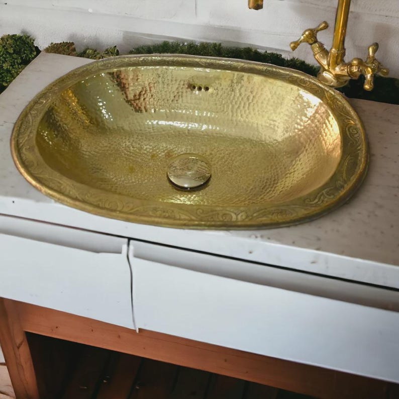 Handmade Moroccan Oval Brass Sink with Faucet – Hammered Farmhouse Bathroom Sink Set – Antique Style Vanity Basin for Outdoor or Indoor Use
